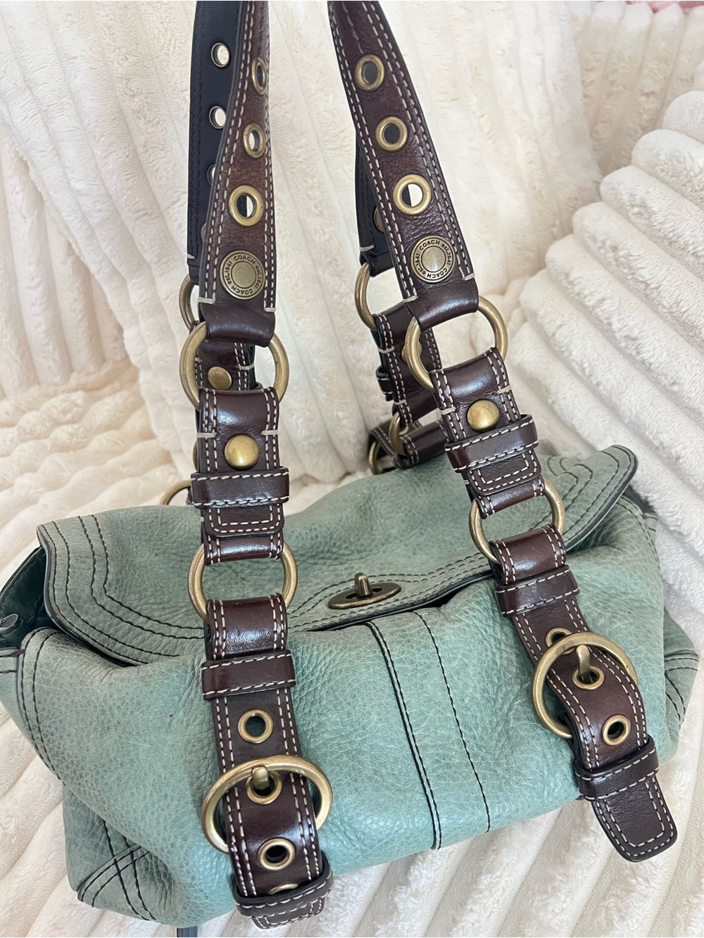 Coach Chelsea Turnlock Satchel 10963 Mineral Green Leather Brown Grommet Straps